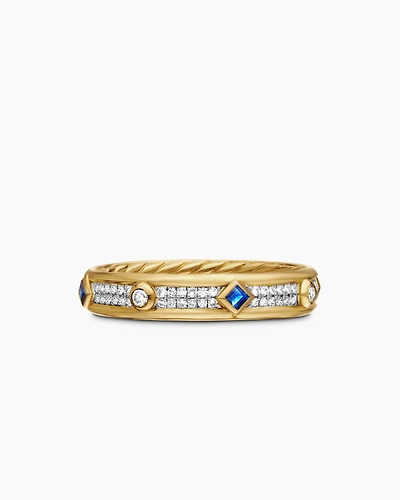 Modern Renaissance Band Ring in 18K Yellow Gold with Diamonds and Blue Sapphires, 4mm