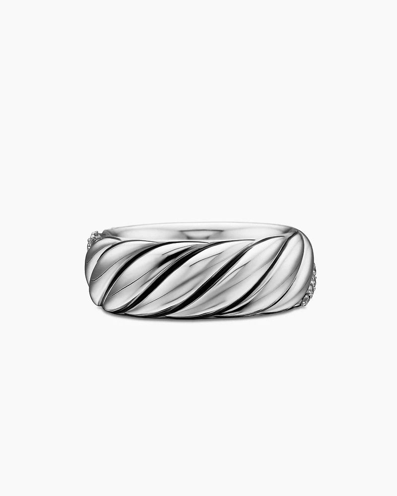 Sculpted Cable Band Ring Sterling Silver with Diamonds, 7.5mm