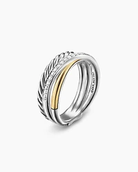 Crossover Three Row Ring Sterling Silver with 18K Yellow Gold and Diamonds, 7mm