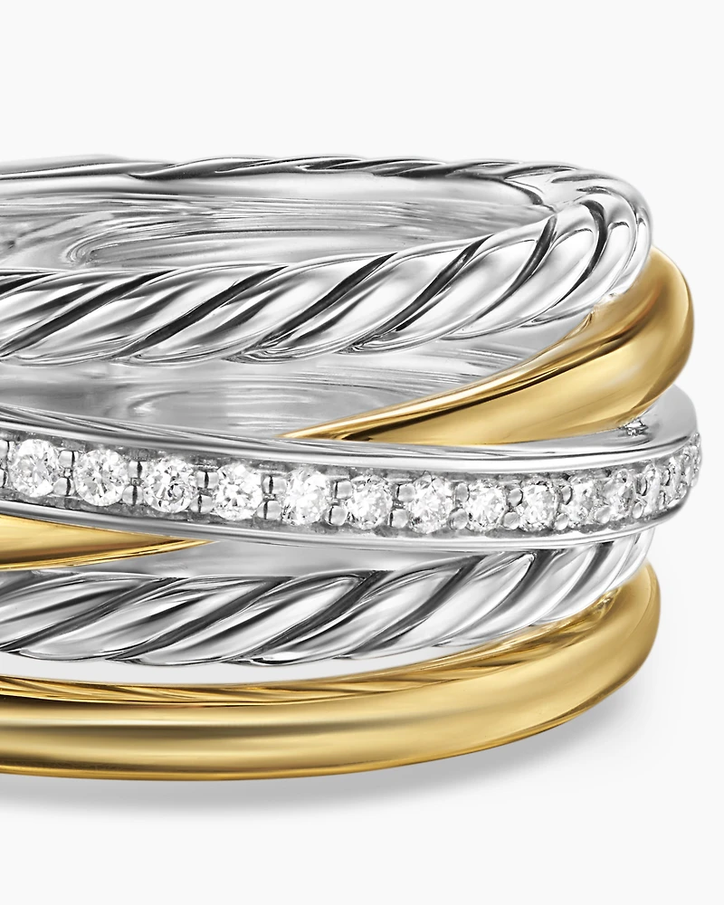 Crossover Five Row Ring Sterling Silver with 18K Yellow Gold and Diamonds, 11mm