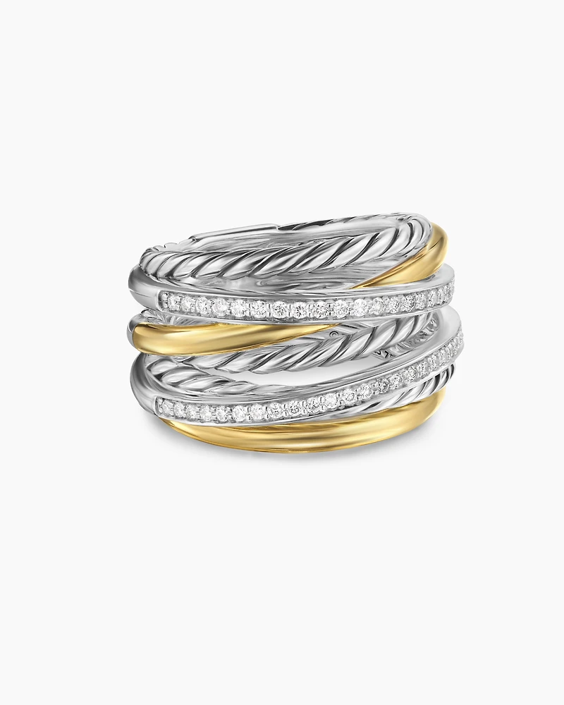 Crossover Seven Row Ring Sterling Silver with 18K Yellow Gold and Diamonds, 16mm
