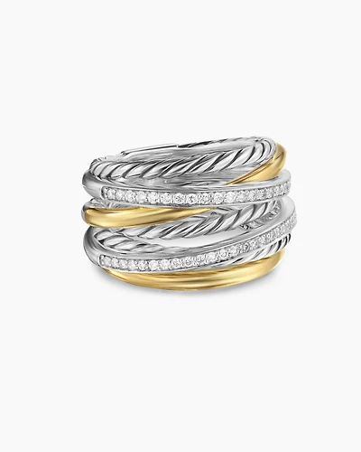Crossover Seven Row Ring Sterling Silver with 18K Yellow Gold and Diamonds, 16mm
