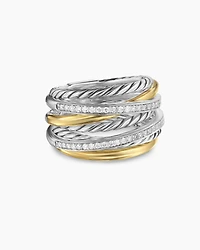Crossover Seven Row Ring Sterling Silver with 18K Yellow Gold and Diamonds, 16mm