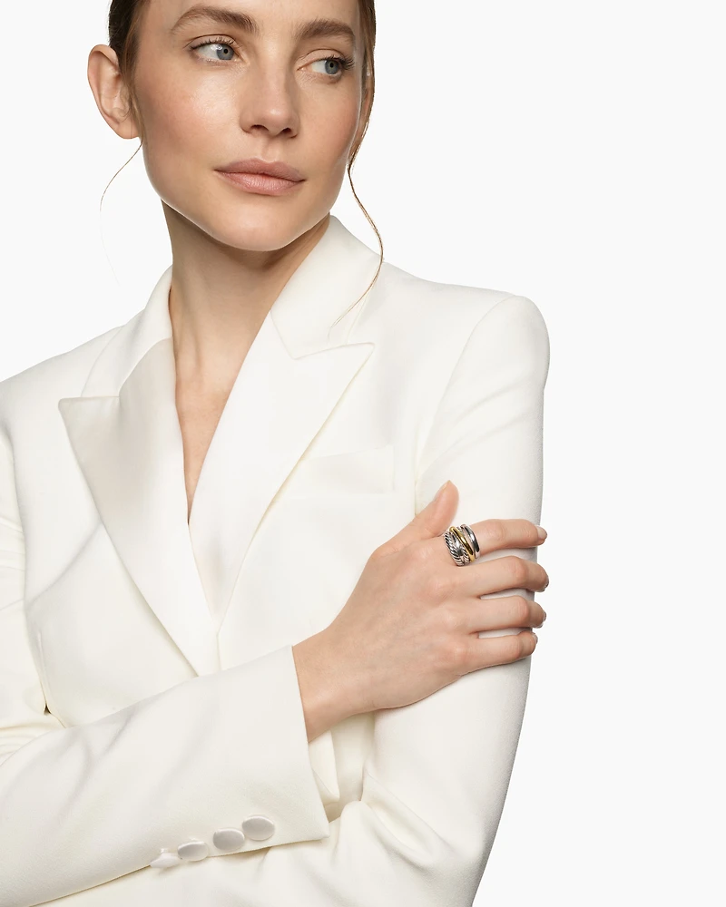 Crossover Five Row Ring Sterling Silver with 14K Yellow Gold, 17.5mm