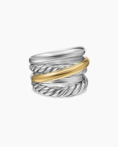 Crossover Five Row Ring Sterling Silver with 14K Yellow Gold, 17.5mm