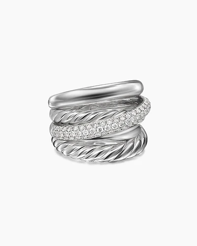 Crossover Five Row Ring Sterling Silver with Diamonds, 17.5mm