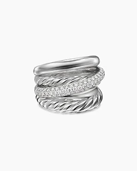 Crossover Five Row Ring Sterling Silver with Diamonds, 17.5mm