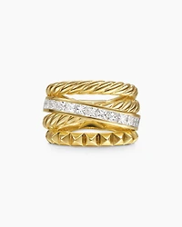 Crossover Trio Four Row Ring 18K Yellow Gold with Diamonds, 15mm