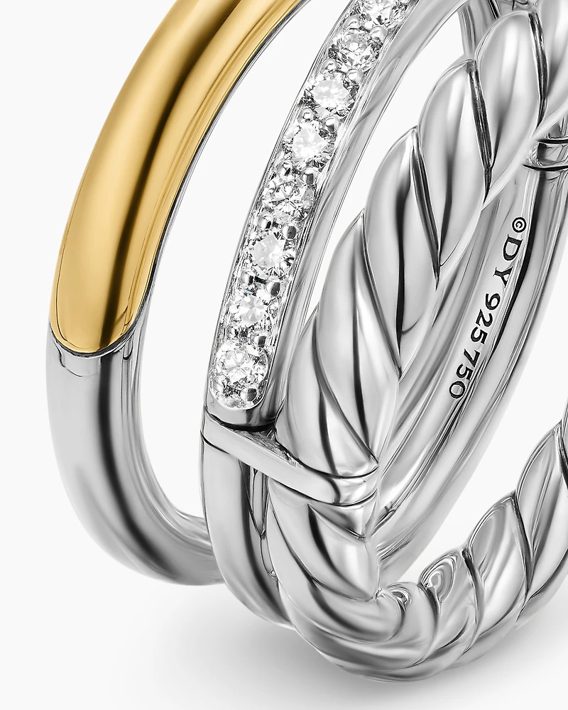 DY Mercer® Three Row Ring Sterling Silver with 18K Yellow Gold and Diamonds, 8.9mm