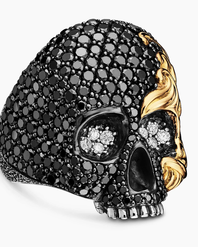 Waves Skull Ring Sterling Silver with 18K Yellow Gold and Diamonds, 26mm