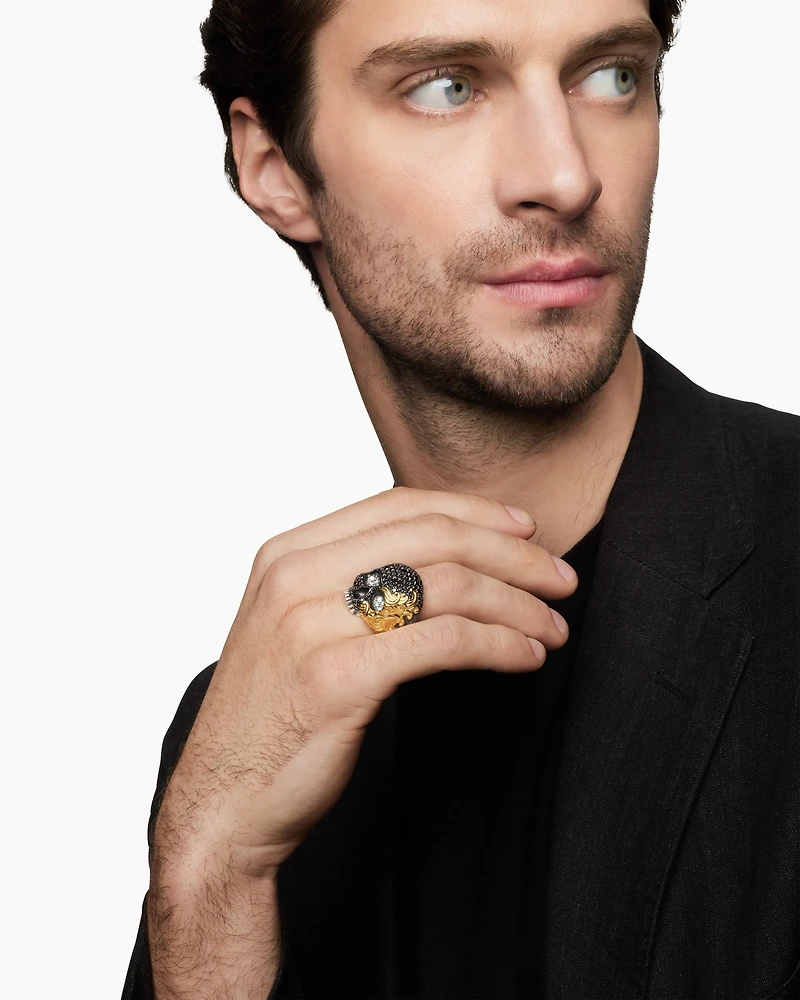 Waves Skull Ring Sterling Silver with 18K Yellow Gold and Diamonds, 26mm