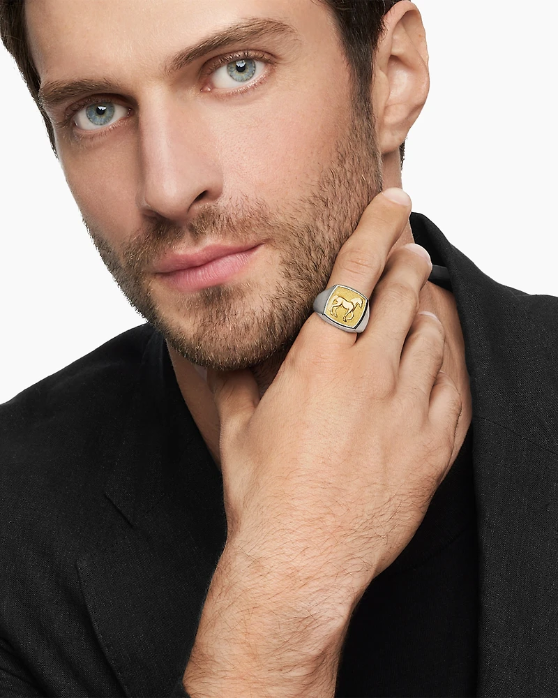 Petrvs® Horse Signet Ring in Sterling Silver with 18K Yellow Gold, 18.3mm