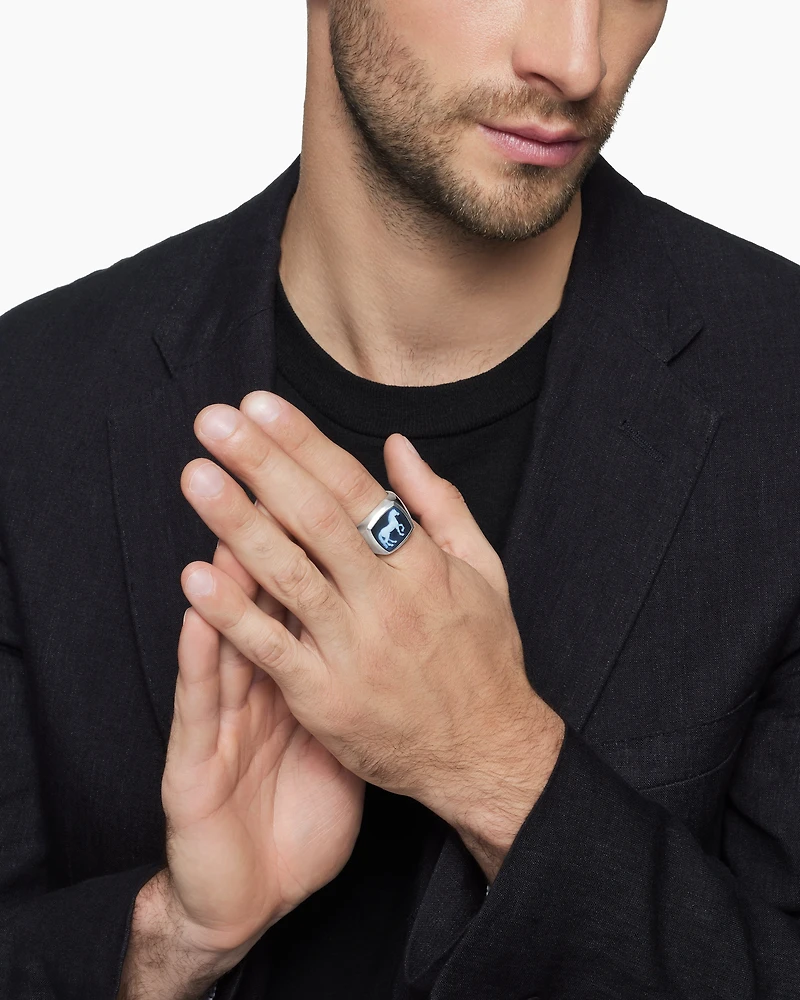 Petrvs® Horse Signet Ring in Sterling Silver with Banded Agate, 18.3mm