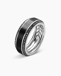 Beveled Band Ring Black Titanium with Diamonds, 8mm