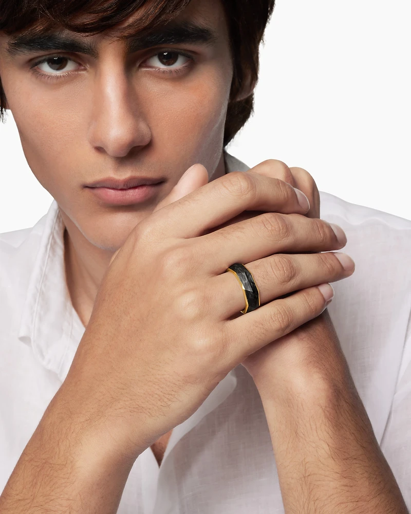 Torqued Faceted Band Ring Forged Carbon with 18K Yellow Gold, 8mm
