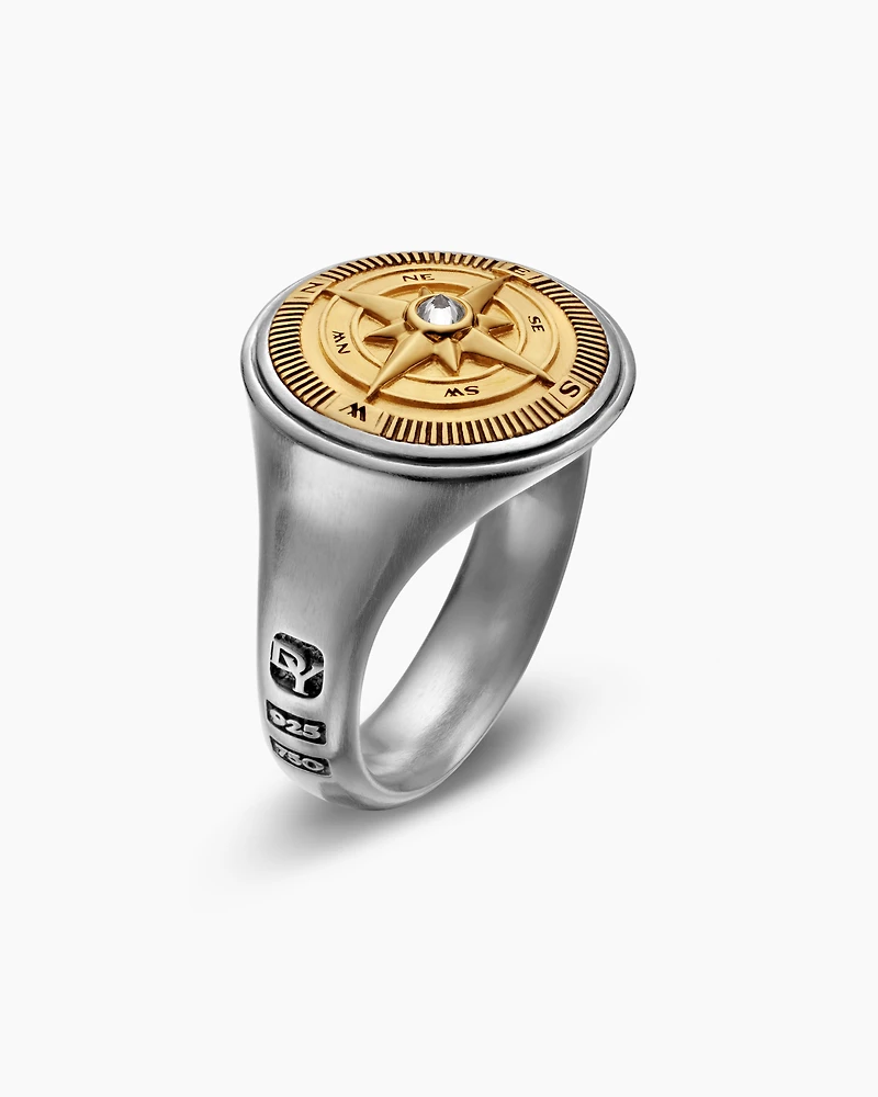 Maritime® Compass Signet Ring Sterling Silver with 18K Yellow Gold and Center Diamond, 19.4mm