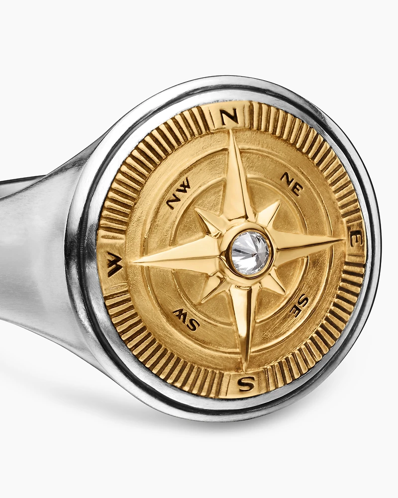 Maritime® Compass Signet Ring Sterling Silver with 18K Yellow Gold and Center Diamond, 19.4mm