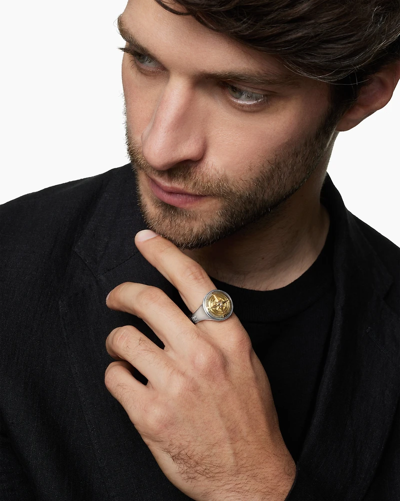 Maritime® Compass Signet Ring Sterling Silver with 18K Yellow Gold and Center Diamond, 19.4mm