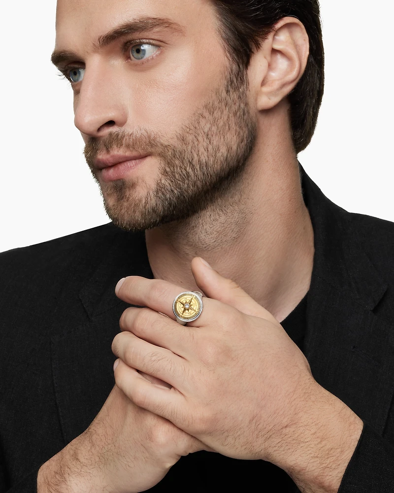 Maritime® Compass Signet Ring Sterling Silver with 18K Yellow Gold and Center Diamond, 19.4mm