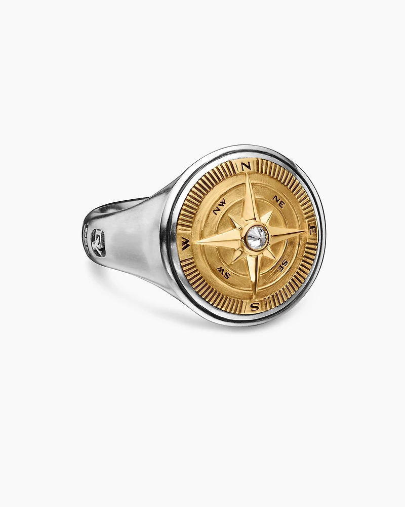 Maritime® Compass Signet Ring Sterling Silver with 18K Yellow Gold and Center Diamond, 19.4mm