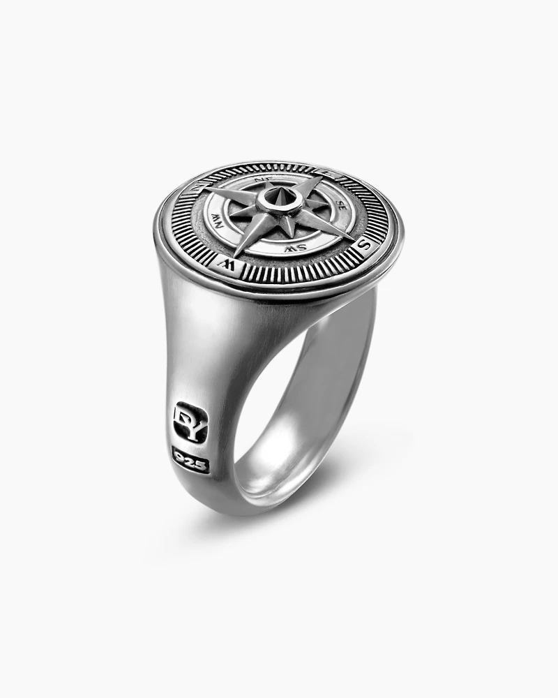 Maritime® Compass Signet Ring Sterling Silver with Center Black Diamond, 19.4mm