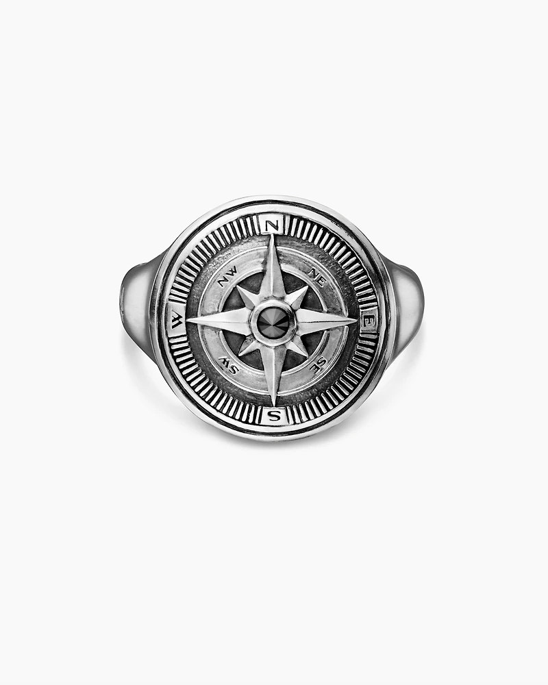 Maritime® Compass Signet Ring Sterling Silver with Center Black Diamond, 19.4mm