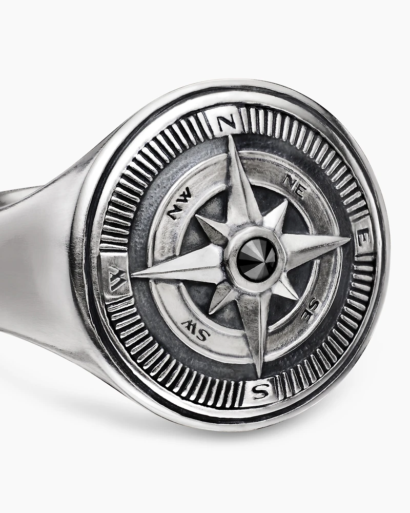 Maritime® Compass Signet Ring Sterling Silver with Center Black Diamond, 19.4mm