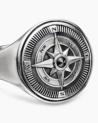 Maritime® Compass Signet Ring Sterling Silver with Center Black Diamond, 19.4mm