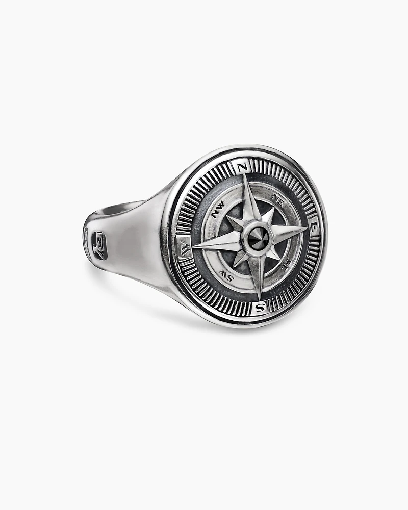 Maritime® Compass Signet Ring Sterling Silver with Center Black Diamond, 19.4mm