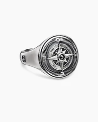 Maritime® Compass Signet Ring Sterling Silver with Center Black Diamond, 19.4mm