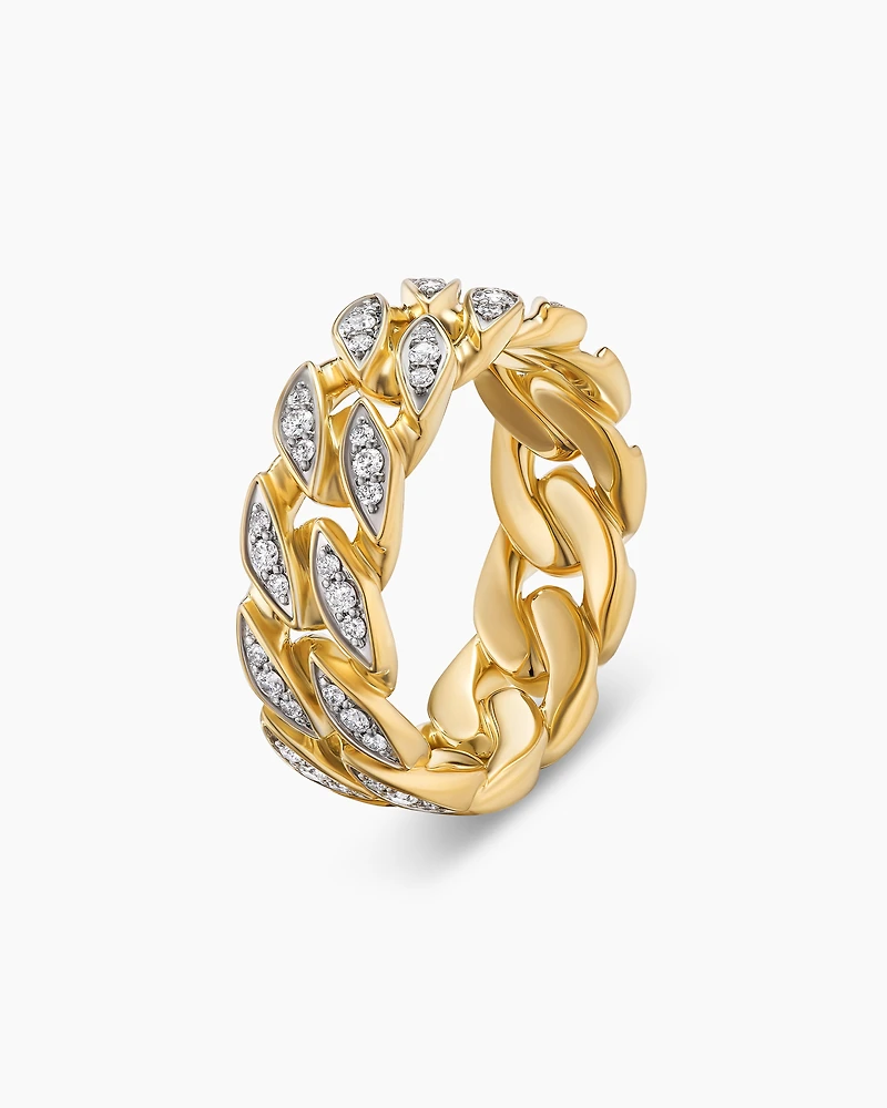 Curb Chain Band Ring 18K Yellow Gold with Diamonds, 8mm