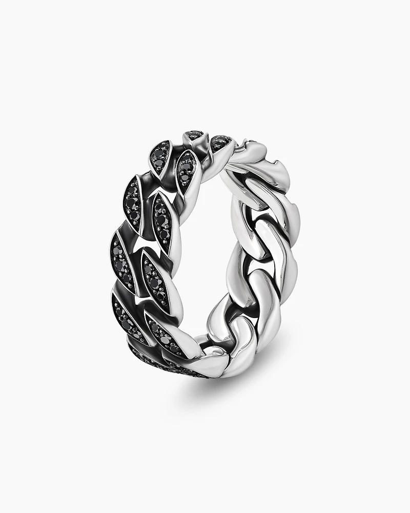 Curb Chain Band Ring Sterling Silver with Black Diamonds, 8mm