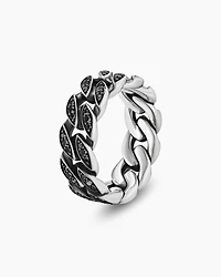 Curb Chain Band Ring Sterling Silver with Black Diamonds, 8mm