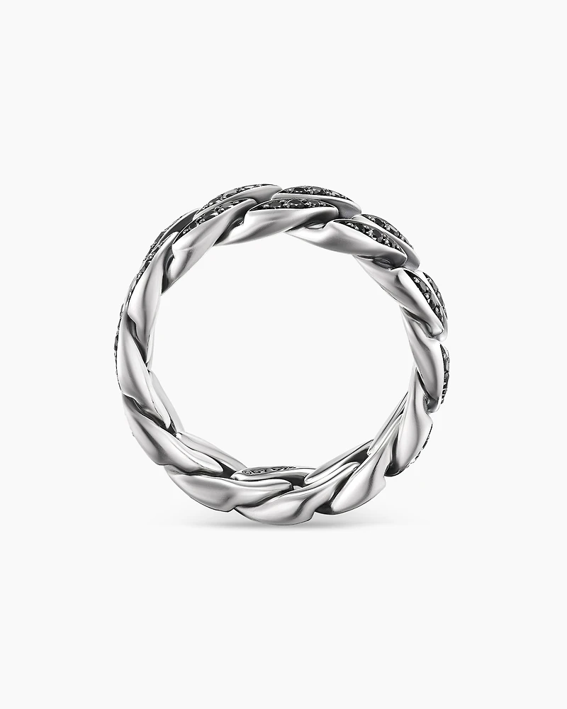 Curb Chain Band Ring Sterling Silver with Black Diamonds, 8mm