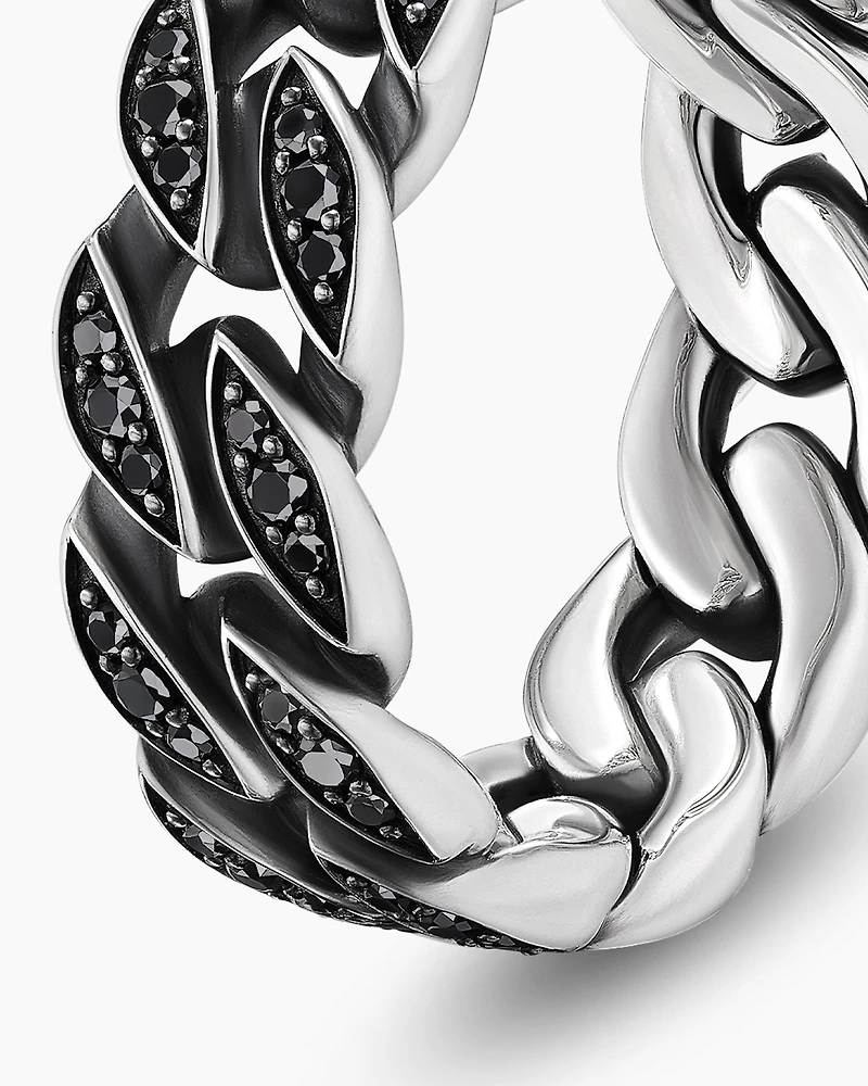 Curb Chain Band Ring Sterling Silver with Black Diamonds, 8mm