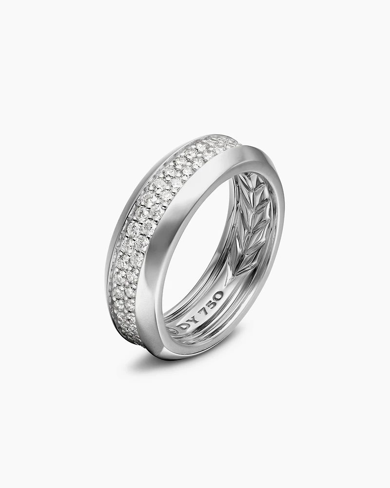 Beveled Two Row Band Ring 18K White Gold with Diamonds, 8mm