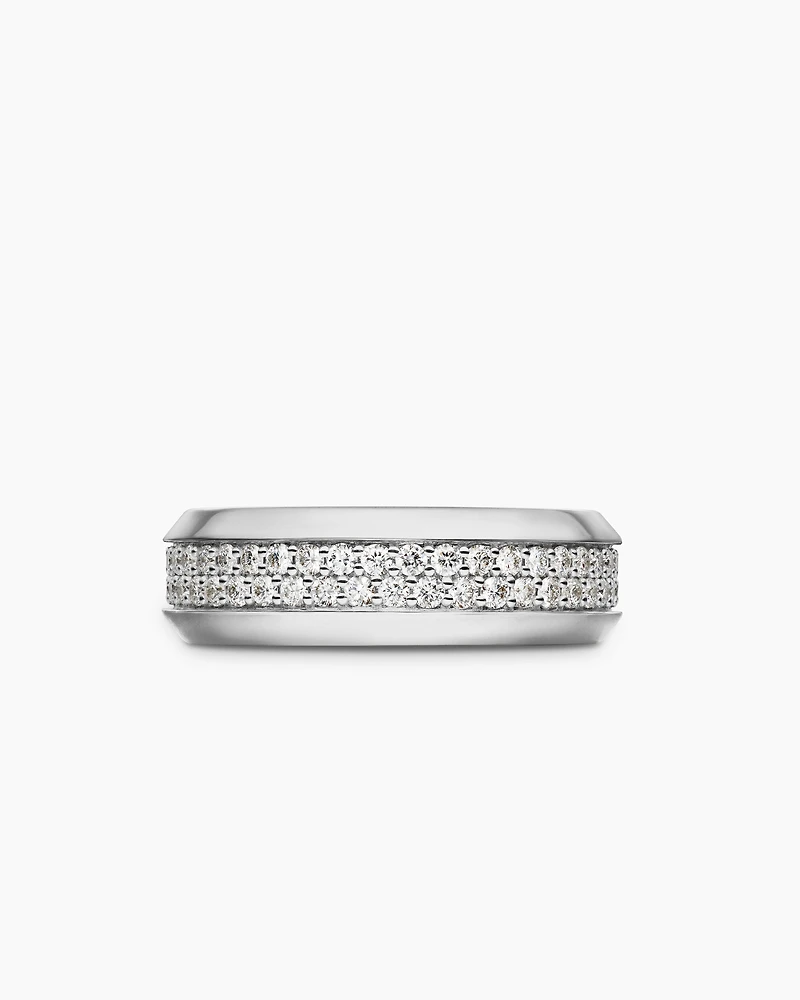 Beveled Two Row Band Ring 18K White Gold with Diamonds, 8mm