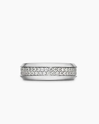 Beveled Two Row Band Ring 18K White Gold with Diamonds, 8mm