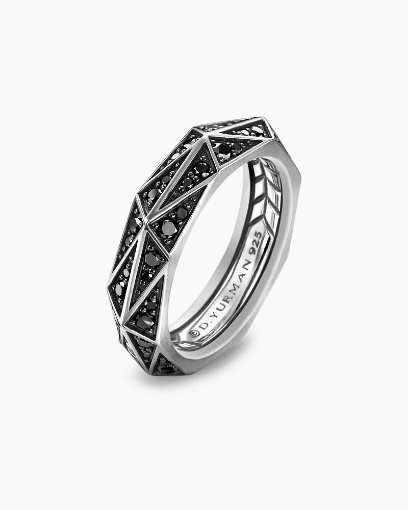 Torqued Faceted Band Ring Sterling Silver with Black Diamonds, 6mm