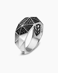 Torqued Faceted Signet Ring Sterling Silver with Black Diamonds, 11.3mm