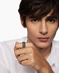 Torqued Faceted Signet Ring Sterling Silver with Black Diamonds, 11.3mm