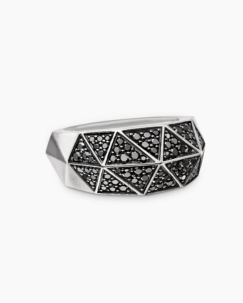 Torqued Faceted Signet Ring Sterling Silver with Black Diamonds, 11.3mm