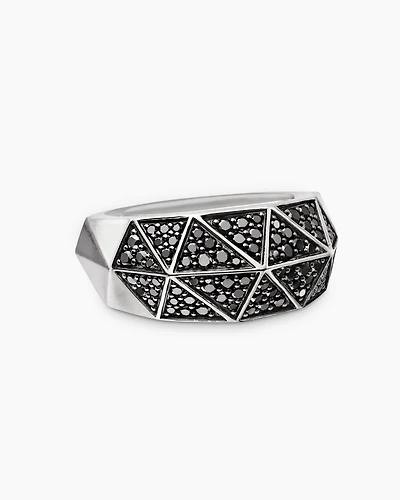 Torqued Faceted Signet Ring Sterling Silver with Black Diamonds, 11.3mm