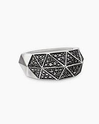 Torqued Faceted Signet Ring Sterling Silver with Black Diamonds, 11.3mm