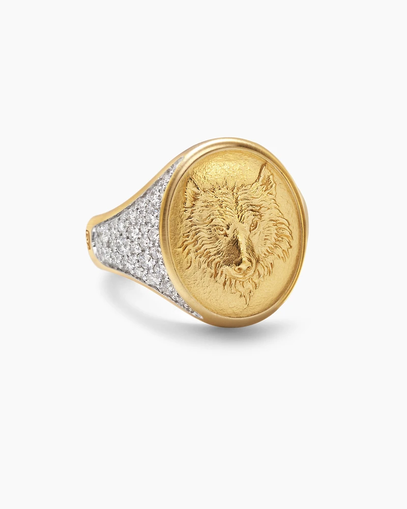 Petrvs® Wolf Signet Ring in 18K Yellow Gold with Diamonds, 21.5mm