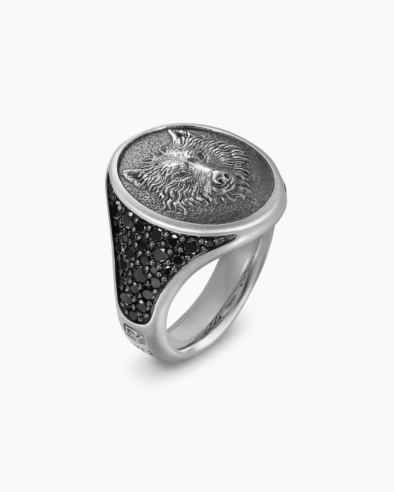 Petrvs® Wolf Signet Ring Sterling Silver with Black Diamonds, 21.5mm