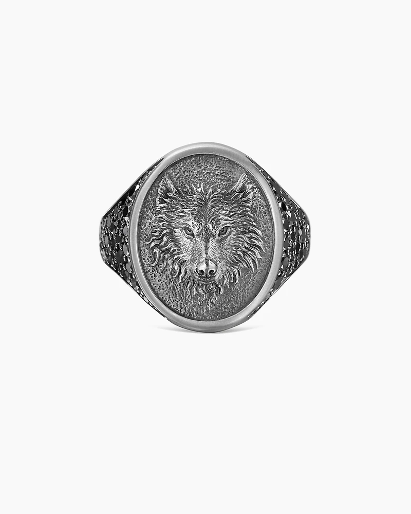 Petrvs® Wolf Signet Ring Sterling Silver with Black Diamonds, 21.5mm