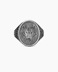Petrvs® Wolf Signet Ring Sterling Silver with Black Diamonds, 21.5mm