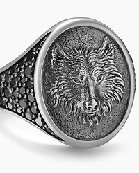 Petrvs® Wolf Signet Ring Sterling Silver with Black Diamonds, 21.5mm