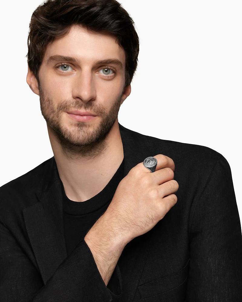 Petrvs® Wolf Signet Ring Sterling Silver with Black Diamonds, 21.5mm